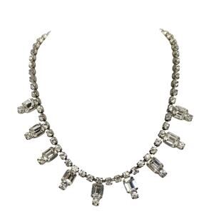Vintage Necklace 1950's Rhinestone Keyhole Design Choker Baguette Dangle 1940s